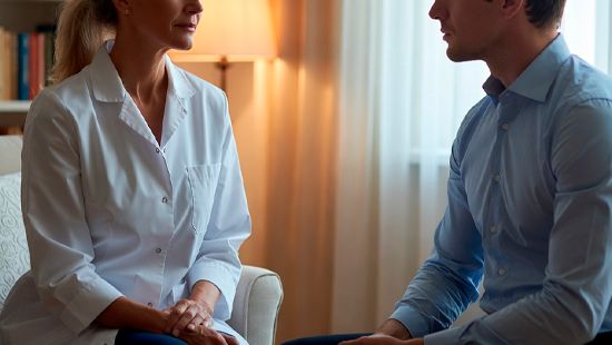 Врач в халате беседует с пациентом на диване